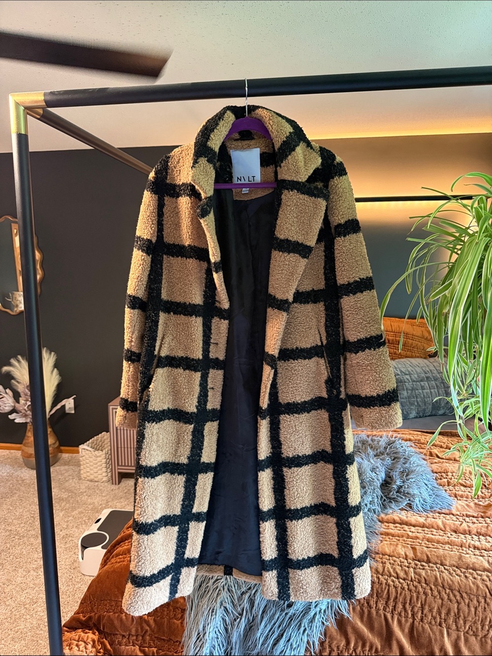 NVLT khaki and black Sherpa teddy coat